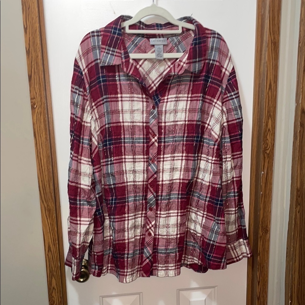 Catherines Red Plaid Button Down Shirt 1X EUC